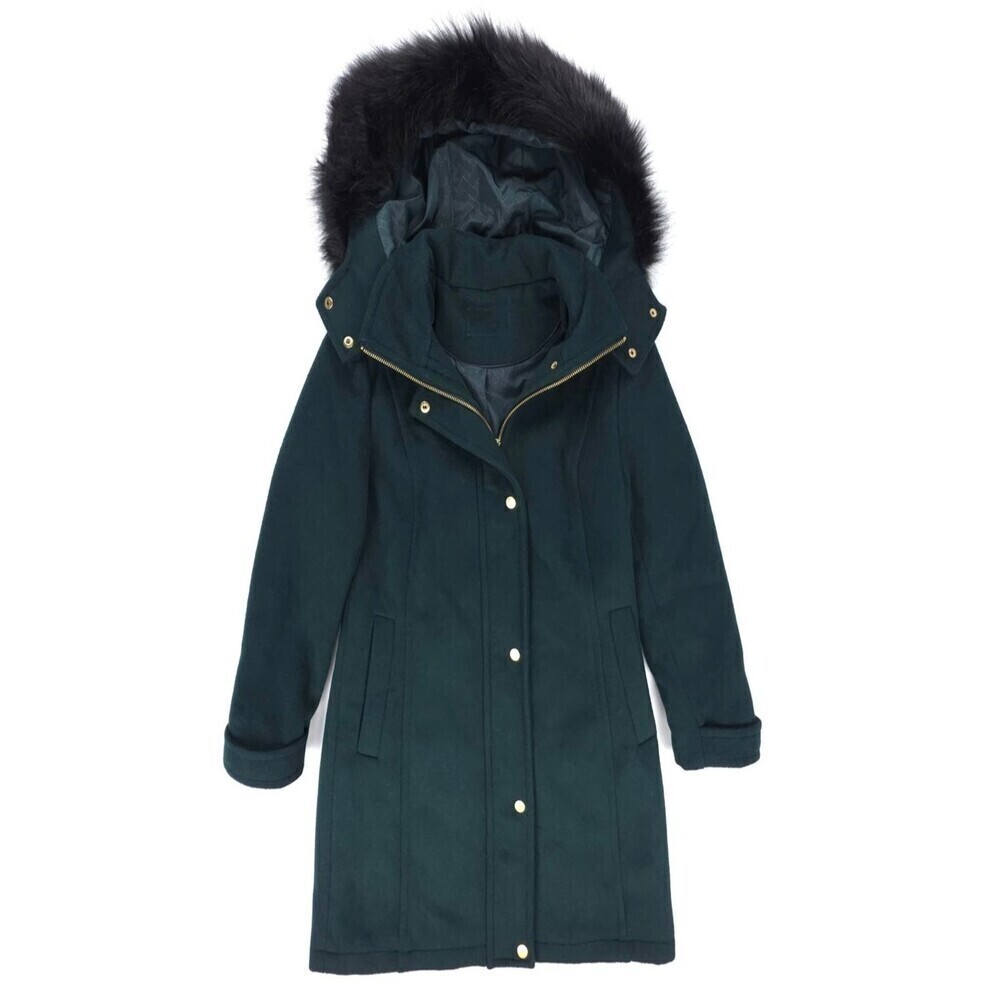 COLE HAAN Long Wool Coat Vegan Fur Hood Emerald Green Old Money Quiet Luxury